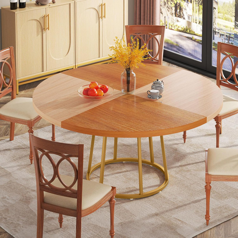 Round Dining Table For 4 People 47 Inch Kitchen Table Large Dinner Table With Golden Circle Metal Base Wood Grain Table Top For Home Kitchen Dining